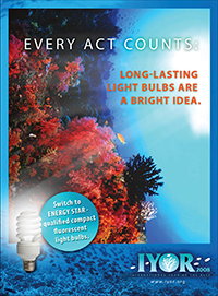 An image of a poster in the U.S. Messaging Campaign action message series  for International Year of the Reef 2008.  Image and text elaborate on the action message: Long lasting light bulbs are a bright idea.