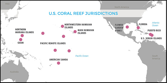 Map of U.S. coral reef jurisdictions where valuation studies will be conducted.