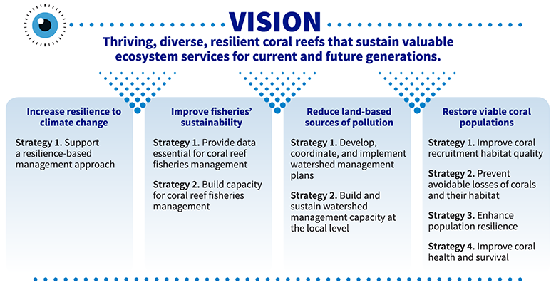 Graphic with the title Vision at the top followed by four columns of text describing the Coral Program's strategic vision.