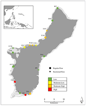 Predicted vulnerability to subaerial exposure for 18 sites around Guam