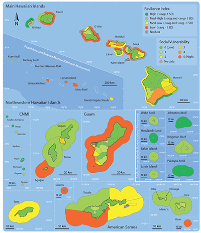Maps of U.S.-Affiliated Pacific Islands, showing the aggregate Resilience index and the Social Vulnerability index