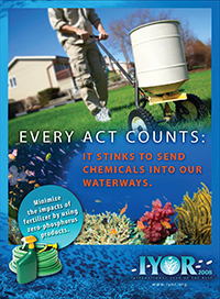 An image of a poster in the U.S. Messaging Campaign action message series  for International Year of the Reef 2008.  Image and text elaborate on the action message: It stinks to send chemicals into our waterways.