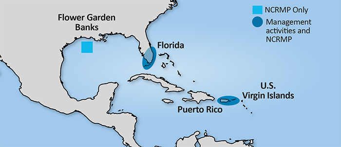 A map of the Atlantic and Caribbean Oceans with dark blue circles and bright blue squares over U.S. coral reef jurisdictions and territories