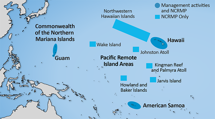 A map of the Pacific Ocean with dark blue circles and bright blue squares over U.S. coral reef jurisdictions and territories