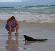 Image of woman with marine iguana