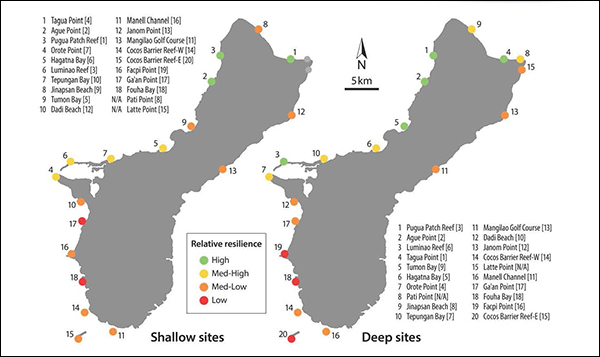 Map of Guam showing spatial variation in relative resilience for both depths.