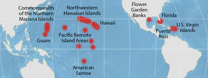 Location map showing the places where NCRMP monitoring is occuring.