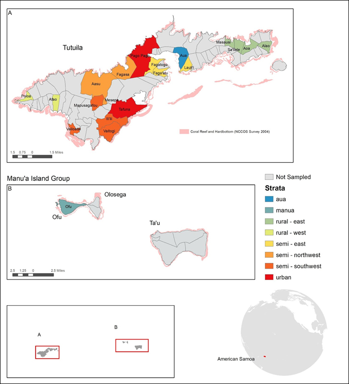 Map of villages randomly selected to participate in the NCRMP socioeconomic survey.